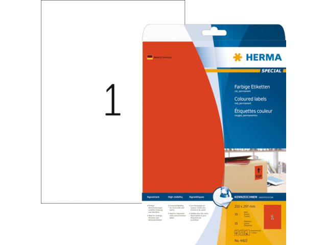 Etiket Herma 4422 210x297mm verwijderbaar A4 rood 20stuks