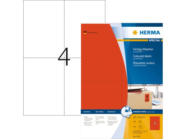 Etiket Herma 4397 105x148mm A6 rood 400stuks