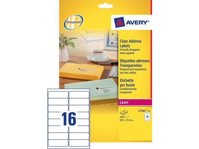 Etiket Avery L7562-25 99.1x33.9mm transparant 400stuks