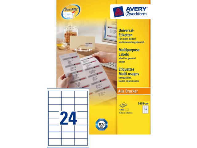 Etiket Avery Zweckform 3658 64.6x33.8mm wit 4800stuks