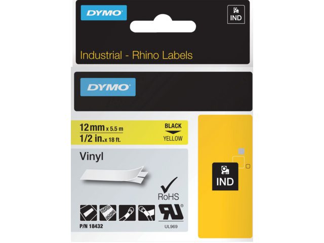 Labeltape Dymo Rhino 18432 12mmx5.5m vinyl zwart op geel