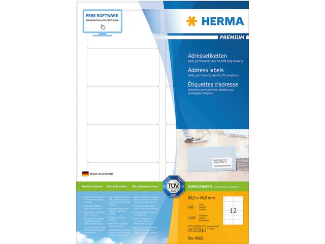 Etiket Herma 4666 88.9x46.6mm premium wit 1200stuks