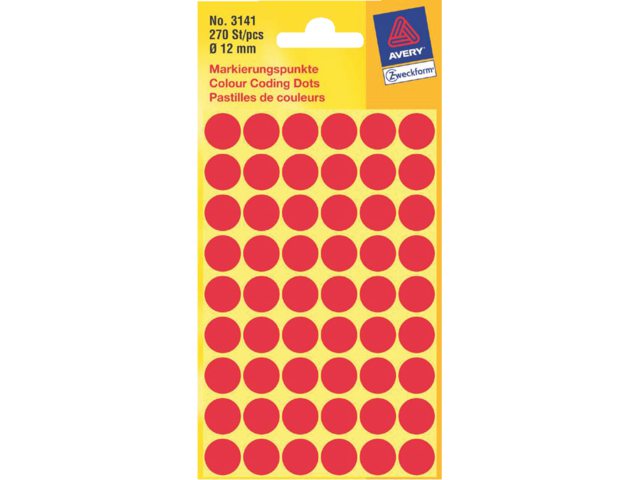 Etiket Avery Zweckform 3141 rond 12mm rood 270stuks