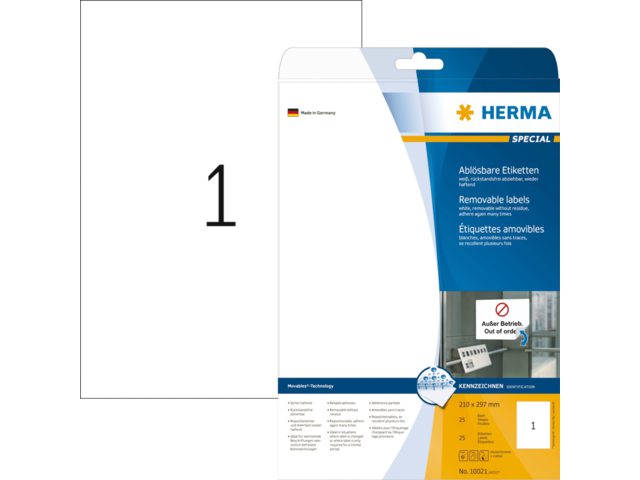 Etiket Herma 10021 210x297mm A4 verwijderbaar wit 25stuks