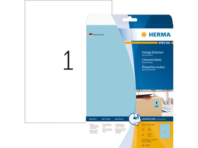 Etiket Herma 4423 210x297mm verwijderbaar A4 blauw 20stuks