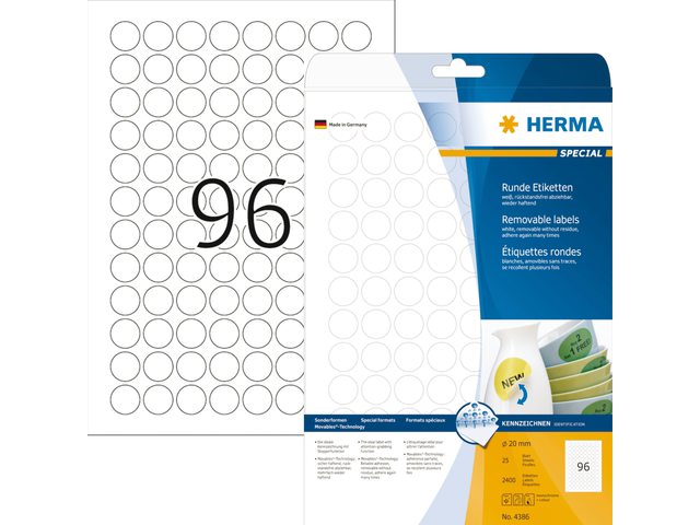 Etiket Herma 4386 rond 20mm verwijderbaar wit 2400stuks