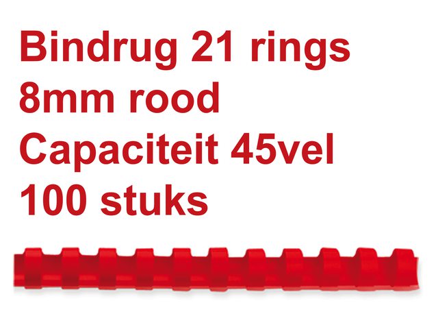 Bindrug GBC 8mm 21rings A4 rood 100stuks