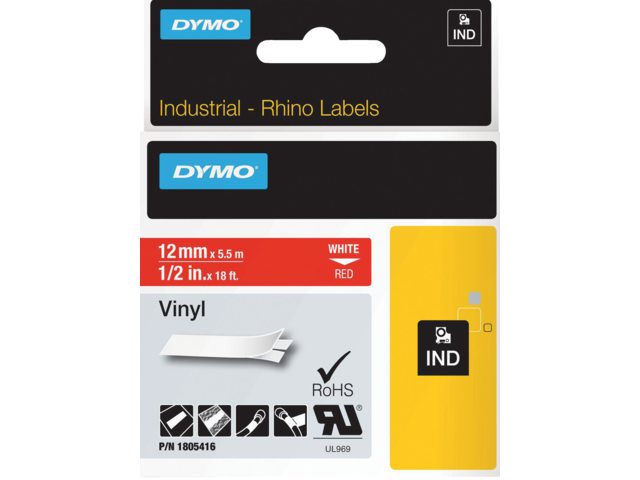 Labeltape Dymo Rhino 18054 vinyl 12mmx5.5m rood op wit