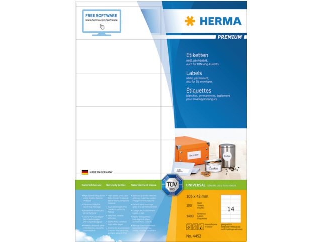 Etiket Herma 4452 105x42mm premium wit 1400stuks