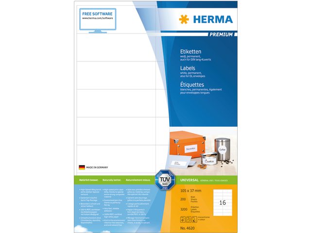 Etiket Herma 4620 105x37mm premium wit 3200stuks