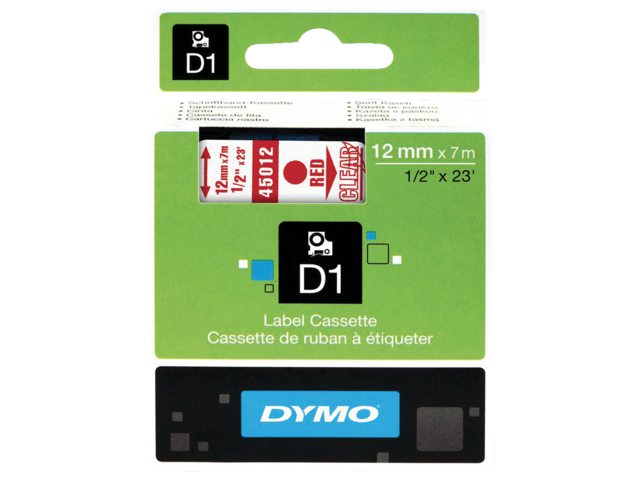 Labeltape Dymo 45012 D1 750520 12mmx7m rood op transparant