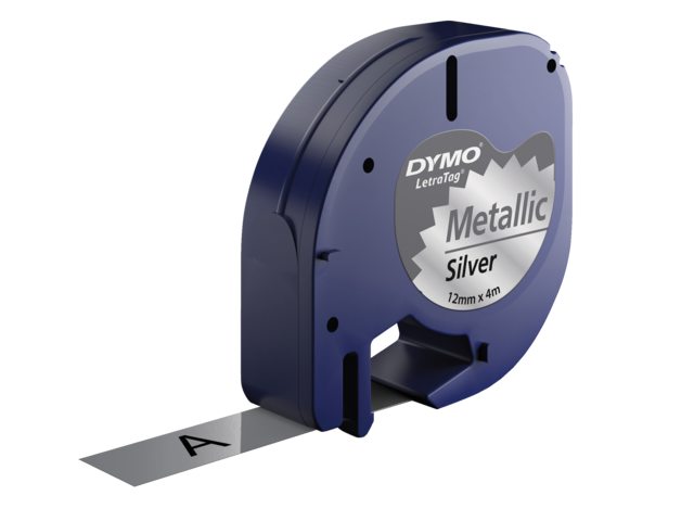 Labeltape Dymo Letratag 91208 metallic 12mm zwart op zilve