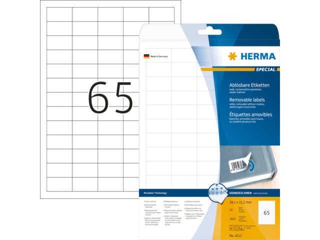 Etiket Herma 4212 38.1x21.2mm verwijderbaar wit 1625stuks