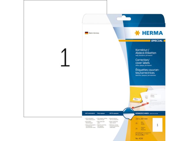 Etiket Herma 4230 210x297mm A4 correctie wit 25stuks