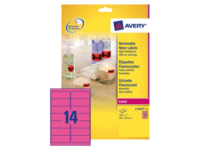 Etiket Avery L7363P-25 99.1x38.1mm neon roze 340stuks