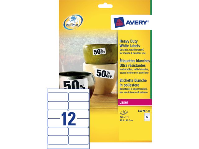 Etiket Avery L4776-20 99.1x42.3Mm polyester wit 240stuks