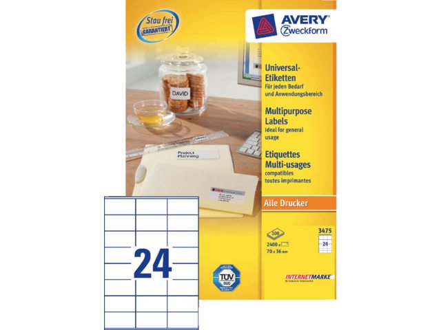 Etiket Avery Zweckform 3475 70x36mm wit 2400stuks