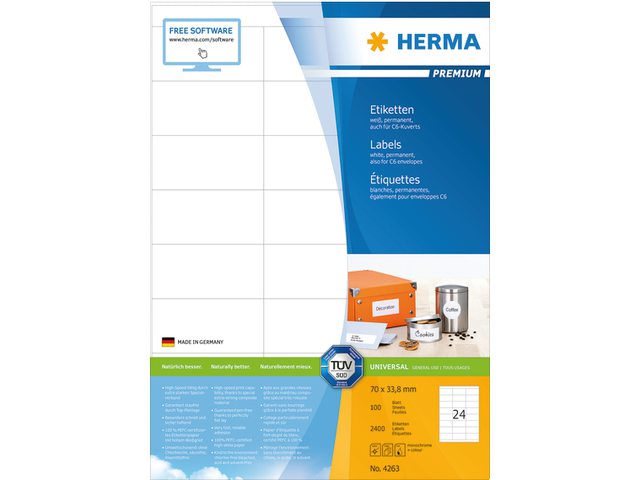 Etiket Herma 4263 70x33.8mm premium wit 2400stuks