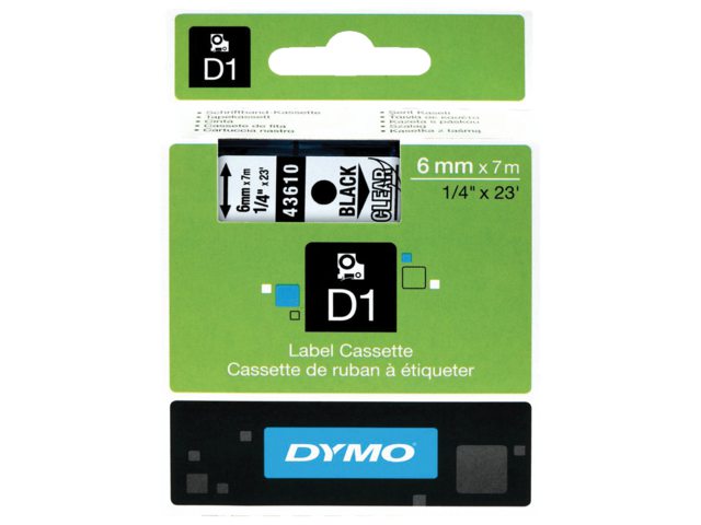 Labeltape Dymo 43610 D1 720770 6mmx7m zwart op transparant