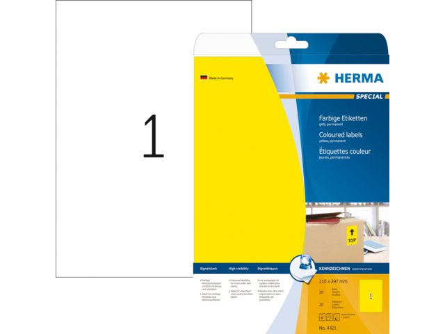 Etiket Herma 4421 210x297mm verwijderbaar A4 geel 20stuks