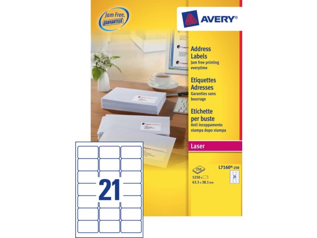 Etiket Avery L7160-250 63.5x38.1mm wit 5250stuks