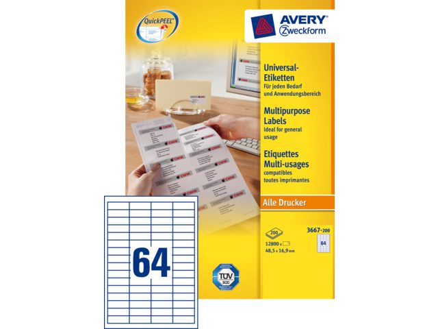 Etiket Avery Zweckform 3667 48.5x16.9mm wit 12800stuks