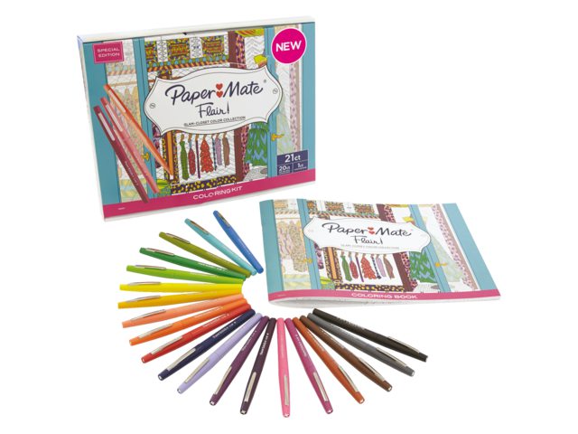 Fineliner Paper Mate Flair set à 20 kleuren + kleurboek