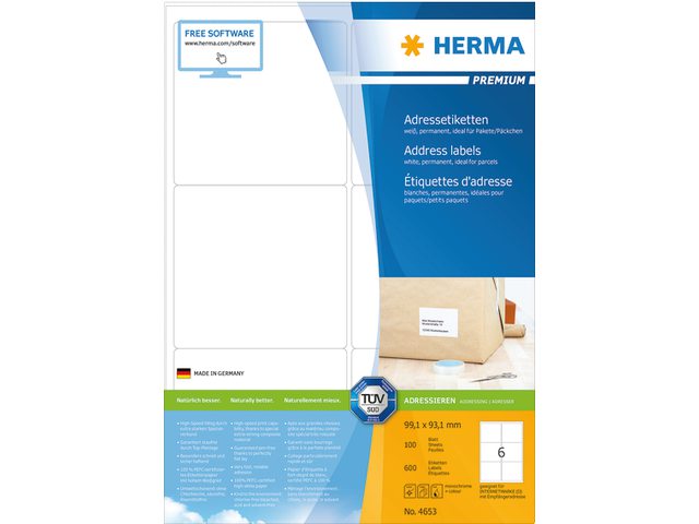 Etiket Herma 4253 99.1x93,1mm premium wit 600stuks