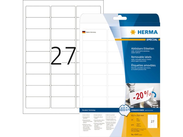 Etiket Herma 4347 63.5x29.6mm verwijderbaar wit 675stuks