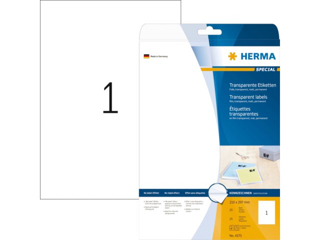 Etiket Herma 4375 210x297mm A4 transparant 25stuks