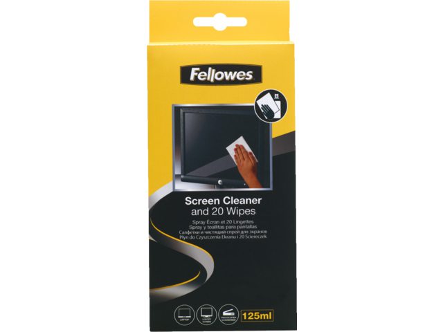 Reiniger Fellowes beeldscherm spray 125ml met 20 doekjes