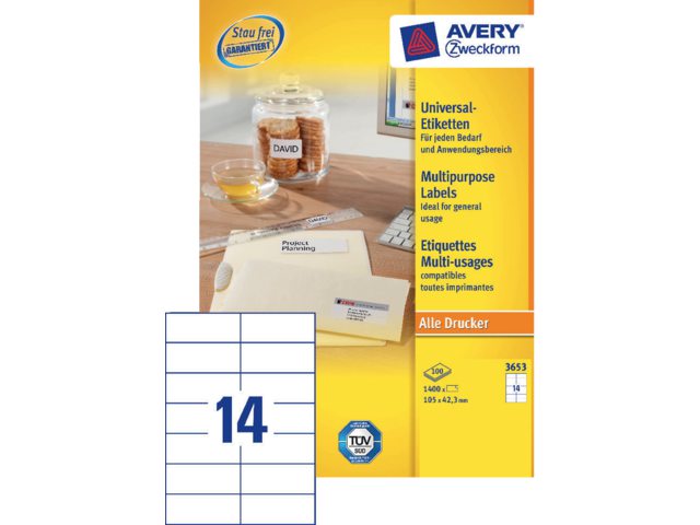 Etiket Avery Zweckform 3653 105x42.3Mm wit 1400stuks