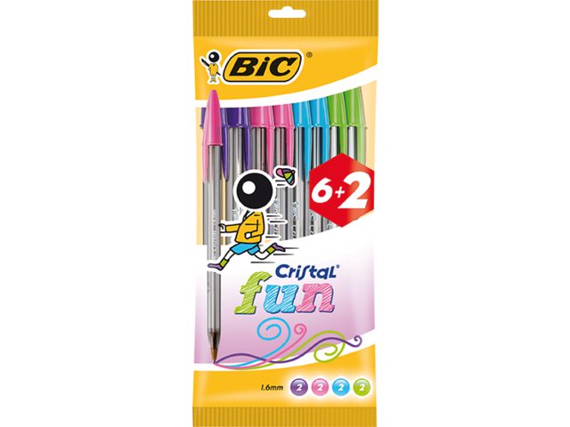 Balpen Bic Cristal assorti medium Fun pouch Ã  6+2 gratis