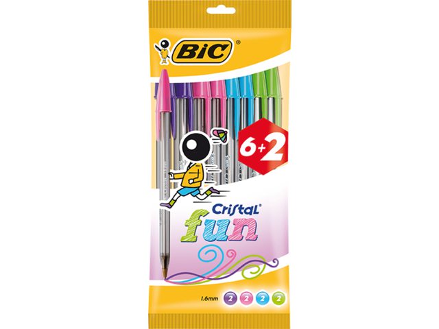 Balpen Bic Cristal assorti medium Fun pouch à 6+2 gratis