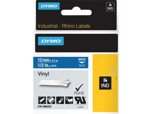 Labeltape Dymo Rhino 18052 12mmx5.5m vinyl wit op blauw