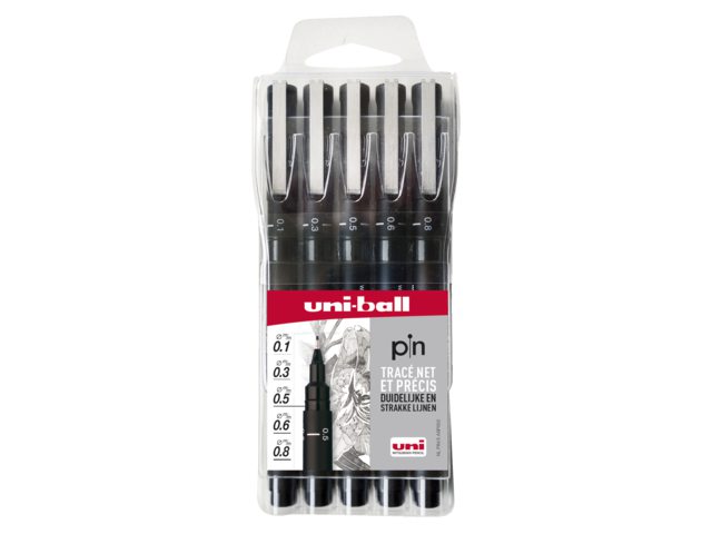 Fineliner Uni-ball Pin zwart assorti etui à 5 breedtes