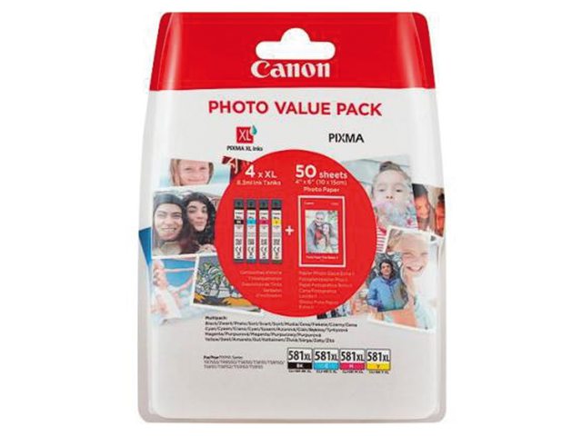 Inkcartridge Canon CLI-581XL 4 kleuren +50vel fotopap10x15cm