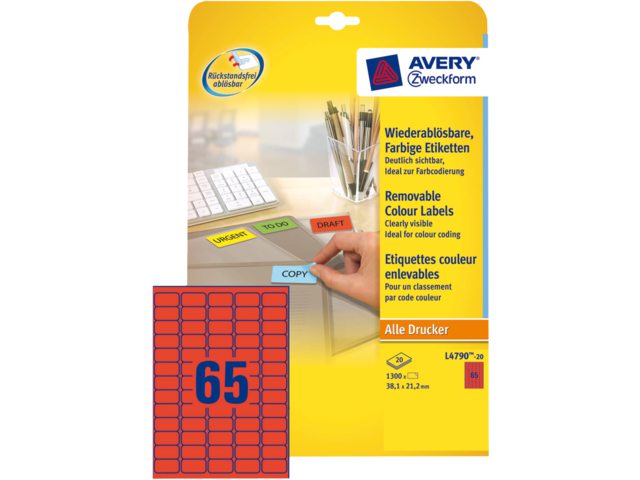 Etiket Avery L4790-20 38.1x21.2mm rood 1300stuks