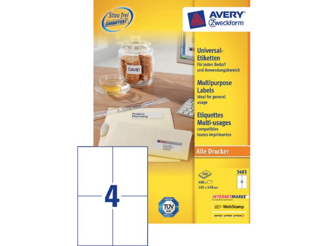 Etiket Avery Zweckform 3483 105x148mm A6 wit 400stuks