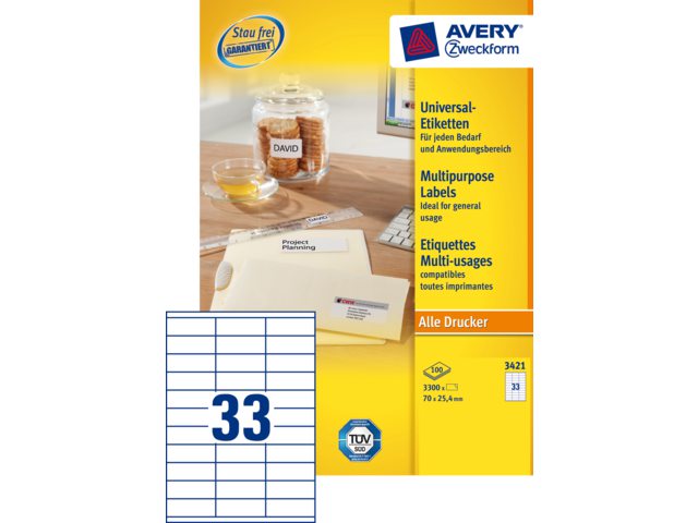 Etiket Avery Zweckform 3421 70x25.4mm wit 3300stuks