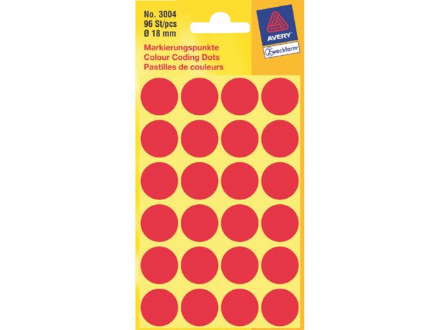 Etiket Avery Zweckform 3004 rond 18mm rood 96stuks