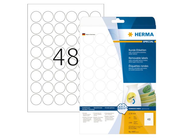 Etiket Herma 4387 rond 30mm verwijderbaar wit 1200stuks