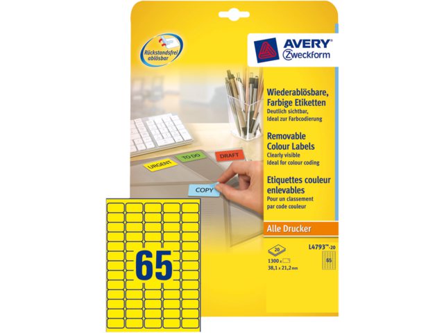 Etiket Avery L4793-20 38.1x21.2mm geel 1300stuks