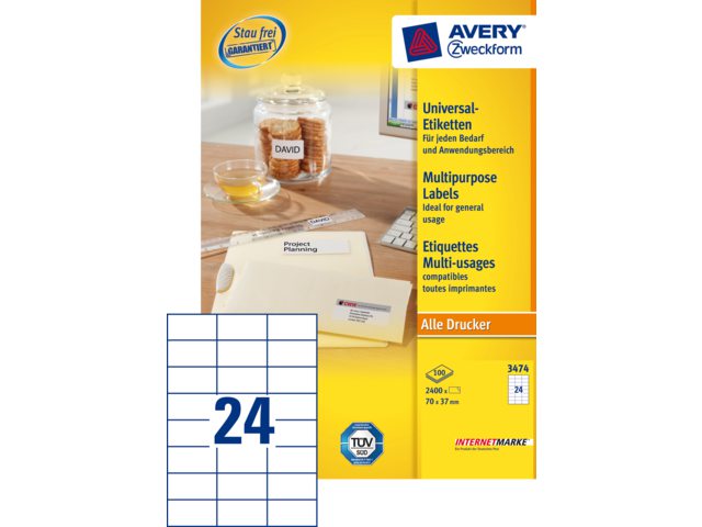 Etiket Avery Zweckform 3474 70x37mm wit 2400stuks