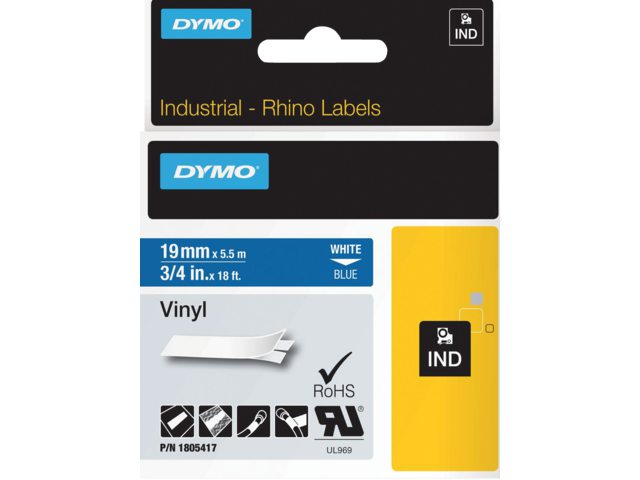 Labeltape Dymo Rhino 18054 19mmx5.5m vinyl wit op blauw