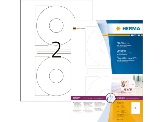 Etiket Herma 4471 CD 116mm wit opaqua 200stuks