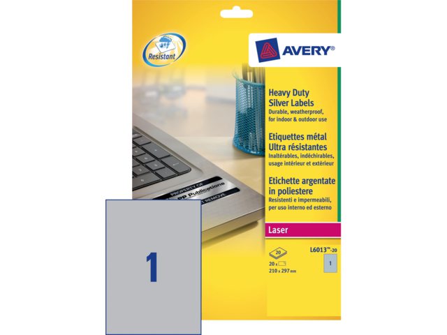 Etiket Avery L6013-20 210x297mm zilver 20stuks