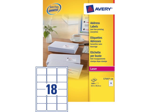 Etiket Avery L7161-100 63.5x46.6mm wit 1800stuks