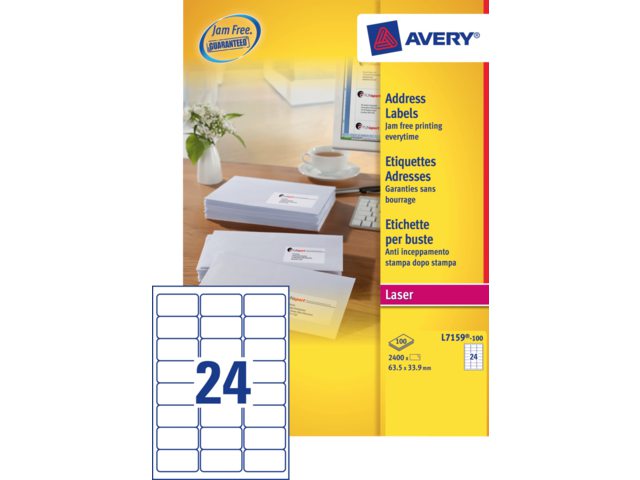 Etiket Avery L7159-100 63.5x33.9mm wit 2400stuks