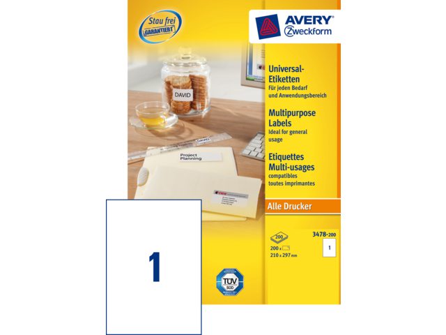 Etiket Avery Zweckform 3478 210x297mm A4 wit 200stuks